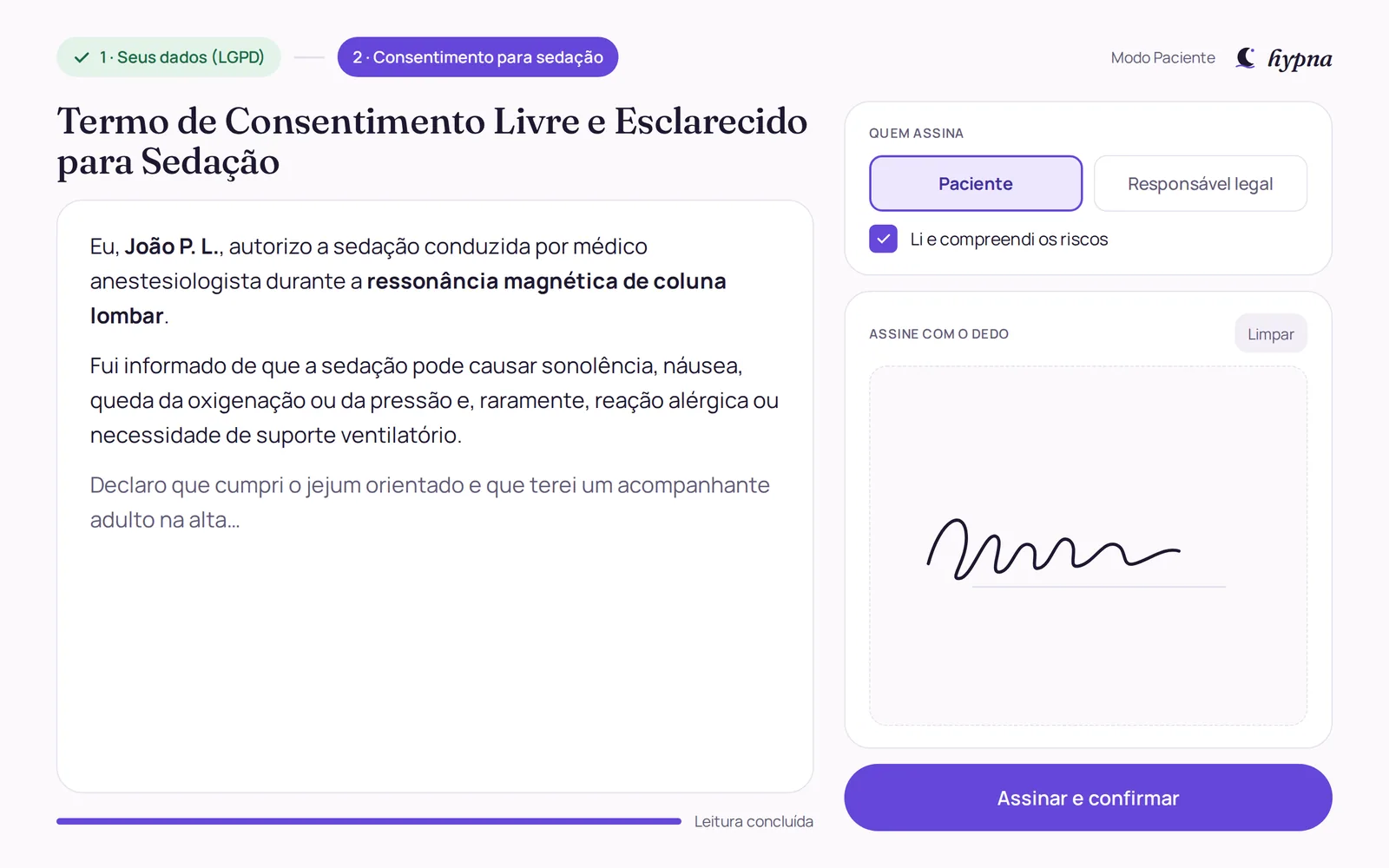 Prévia do Modo Paciente para leitura e assinatura do termo de consentimento